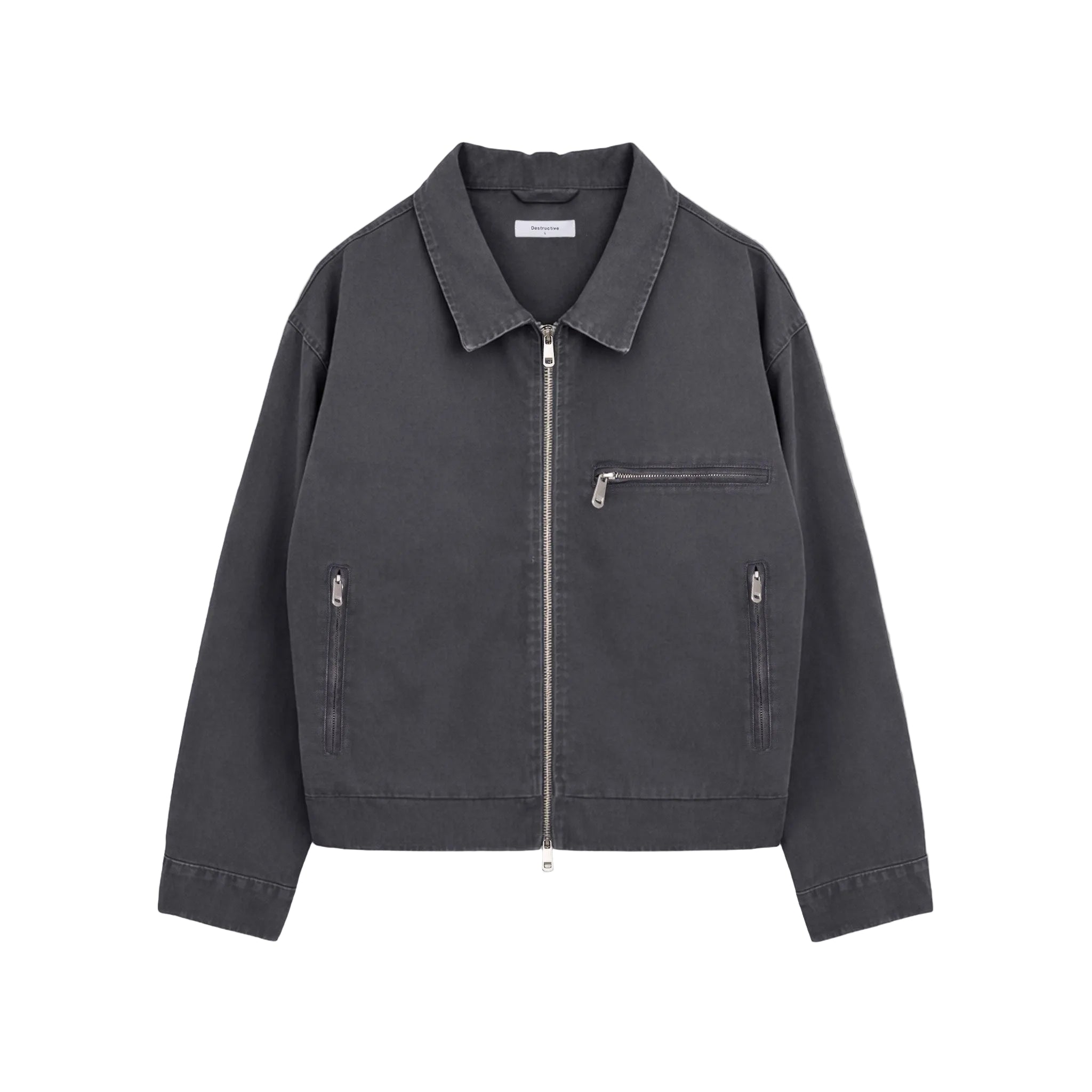 Front view of Destructive Utility Trucker Vintage Grey Jacket